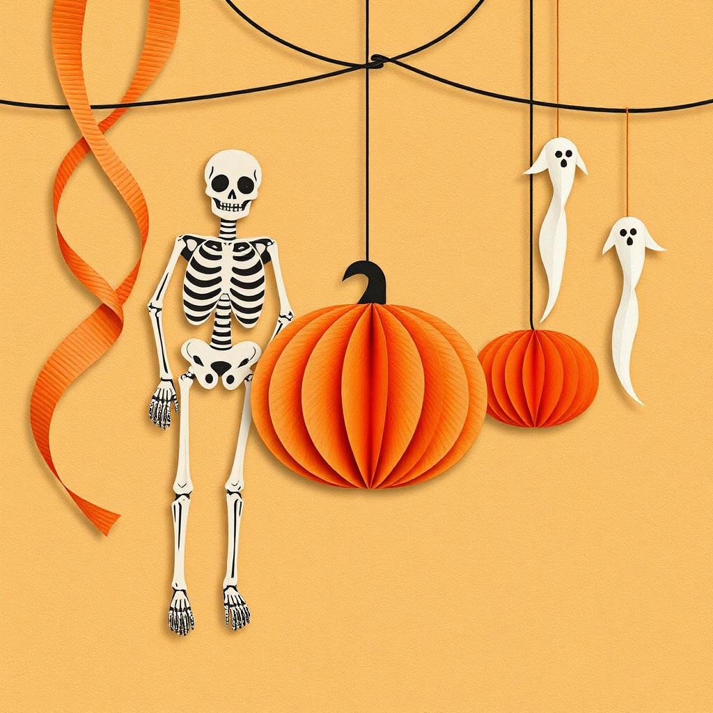 Vintage illustration of handmade Halloween paper decorations: crepe streamers, a die-cut skeleton, honeycomb pumpkin, and tissue ghosts