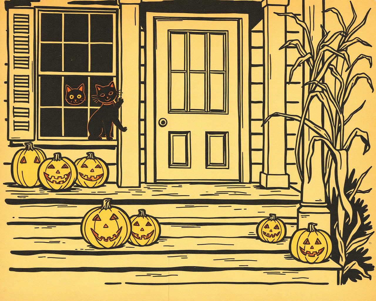 Vintage letterpress illustration of a Halloween porch with jack-o-lanterns, paper black cats in the window, and corn stalks