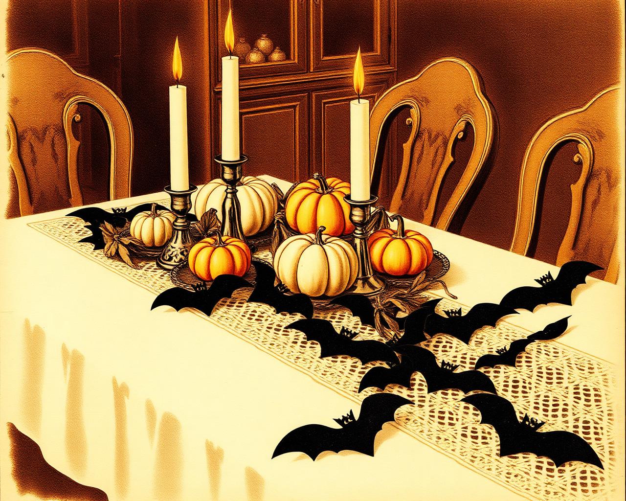 Vintage illustration of a Halloween dining table with candles, white and orange pumpkins, and a black paper bat garland on lace
