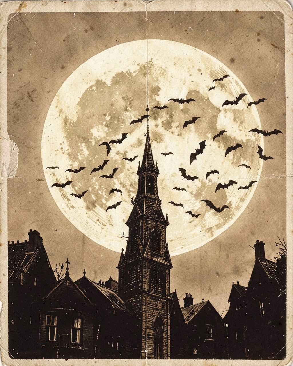 Out of the Belfry — vintage Halloween illustration of moon & bats
