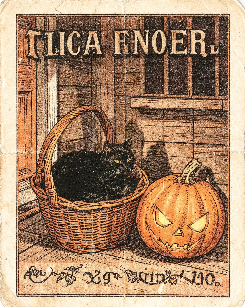 The Cat in the Market Basket — vintage Halloween illustration of cats