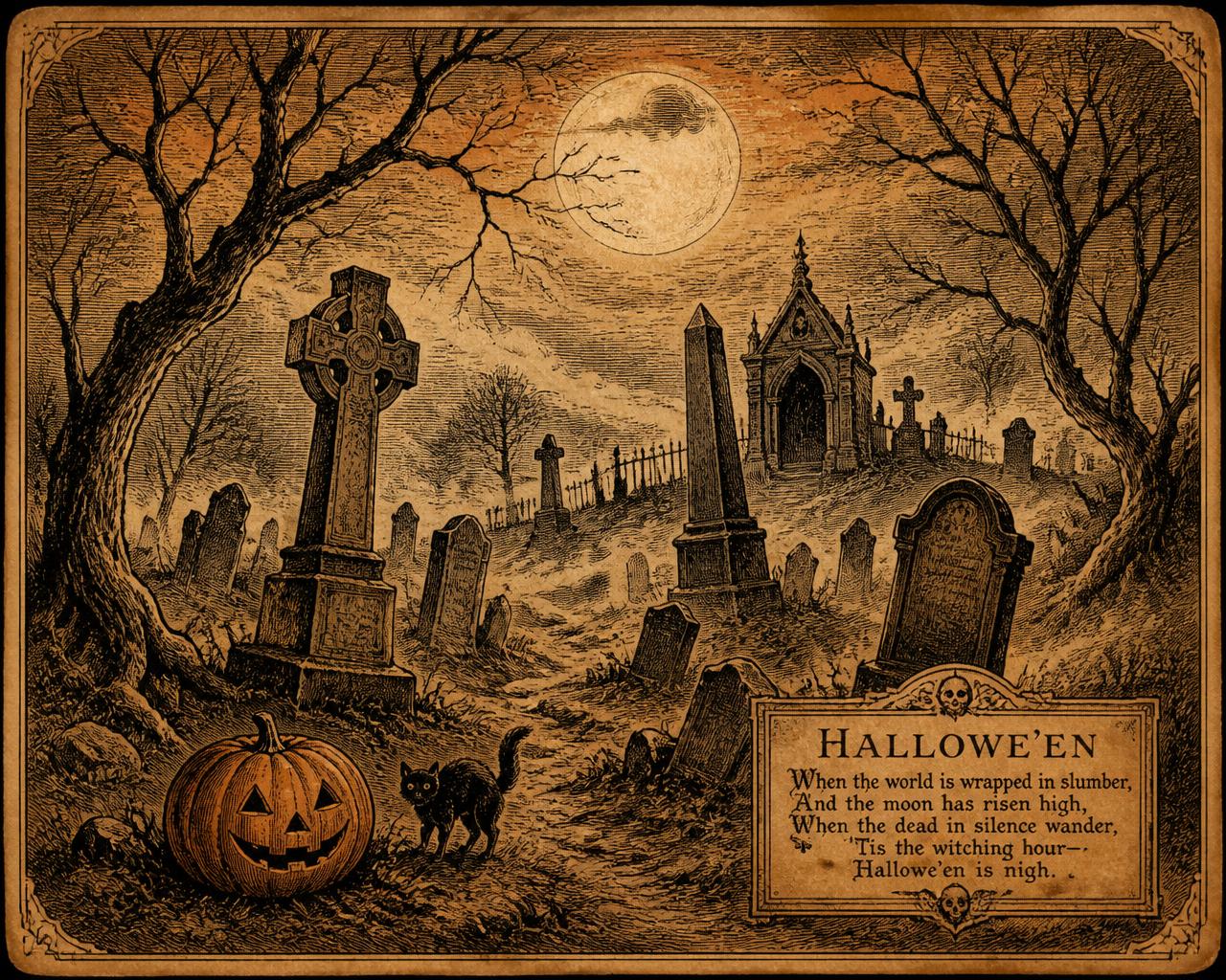 The Witching Hour — vintage Halloween illustration of graveyards