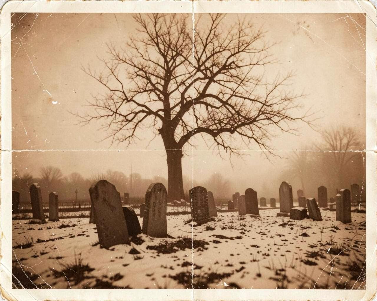 First Snow in the Old Burying Ground — vintage Halloween illustration of graveyards