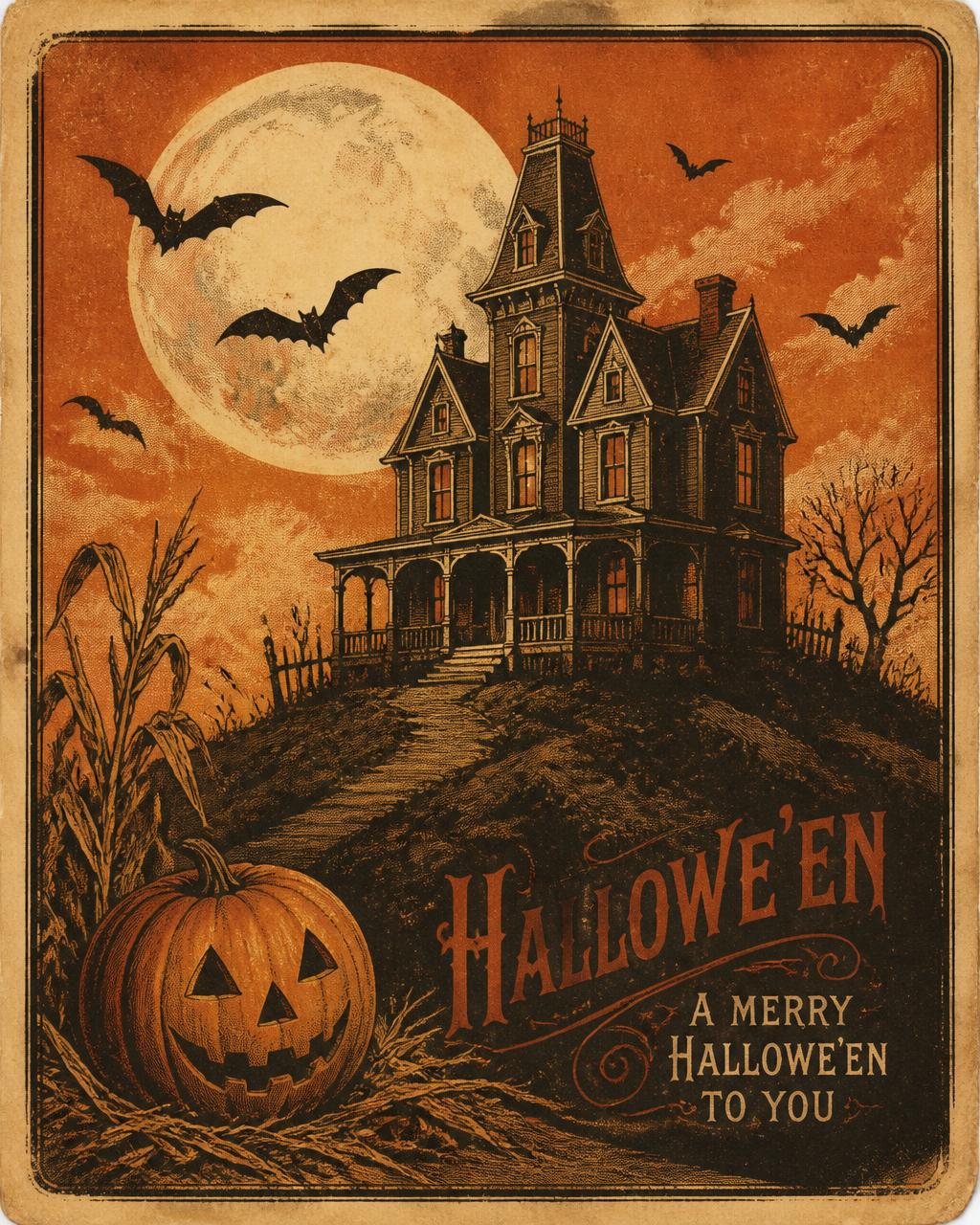 A Merry Hallowe'en to You — vintage Halloween illustration of haunted places