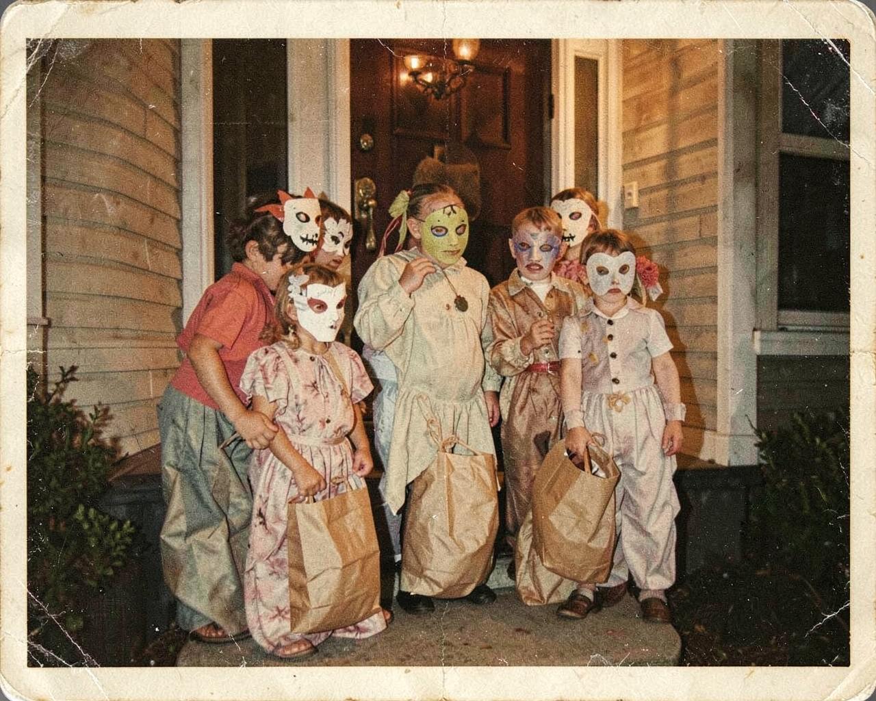 Six at the Door — vintage Halloween illustration of trick or treat