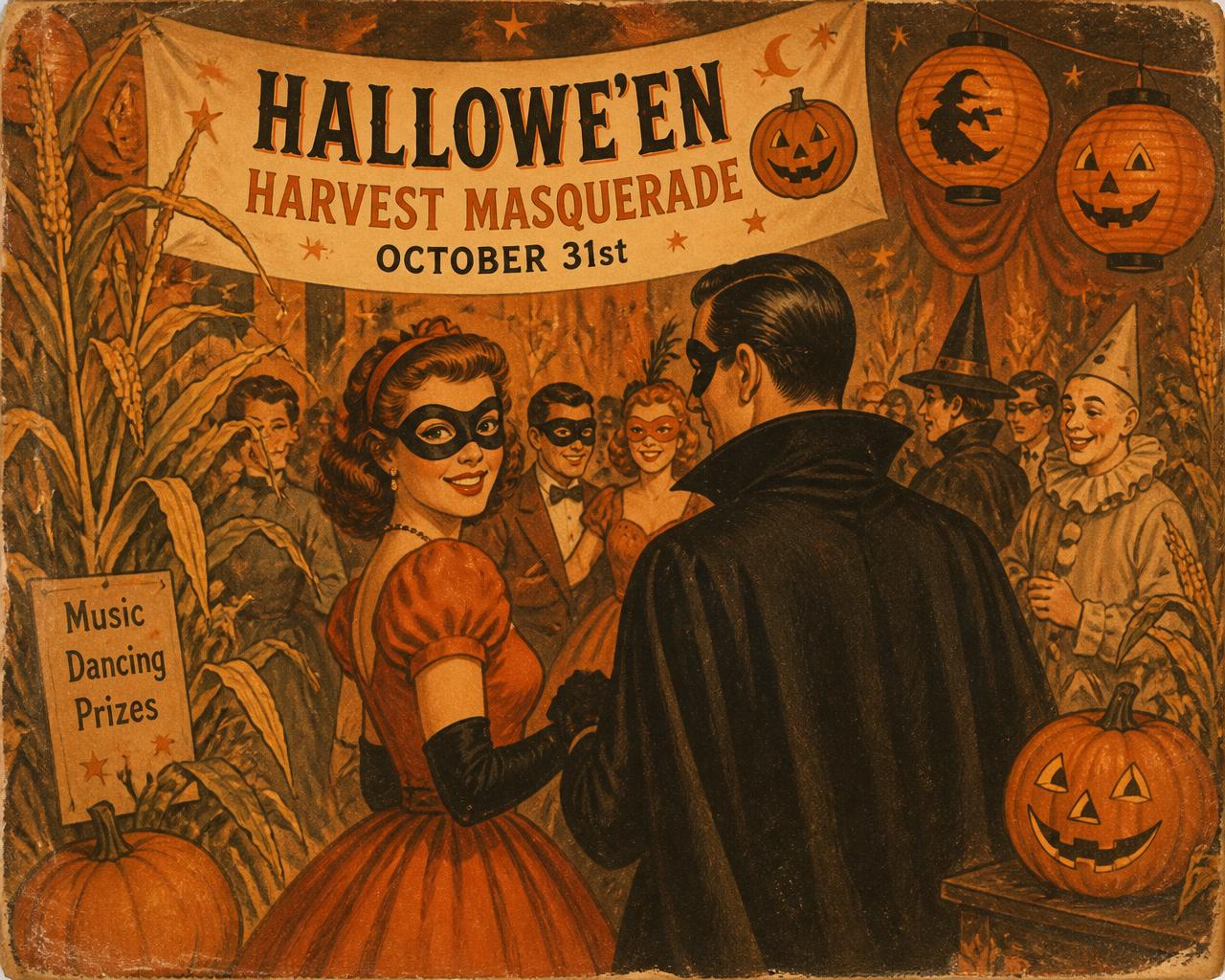 Harvest Masquerade — vintage Halloween illustration of masquerade