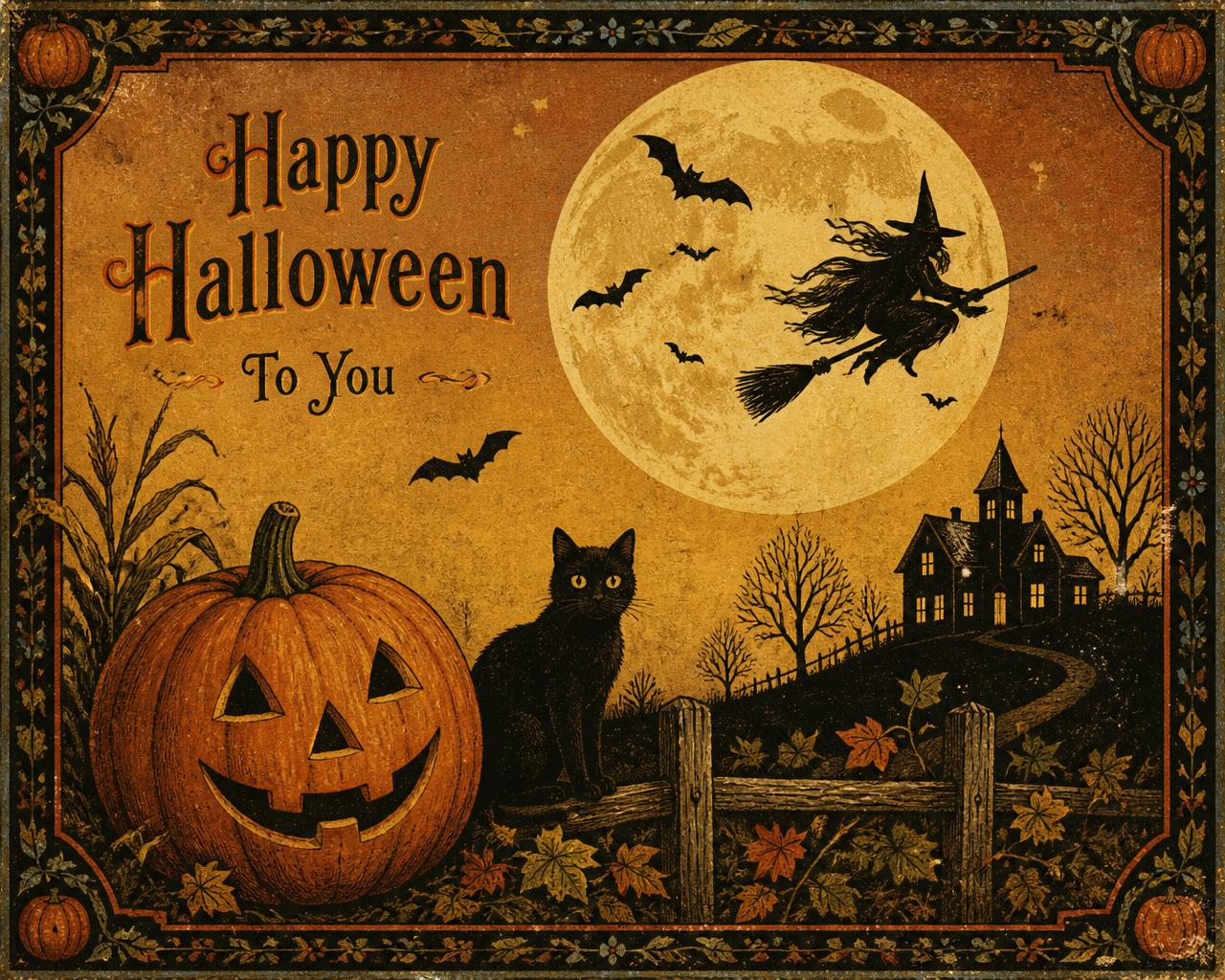 Happy Halloween To You — vintage Halloween illustration of moon & bats