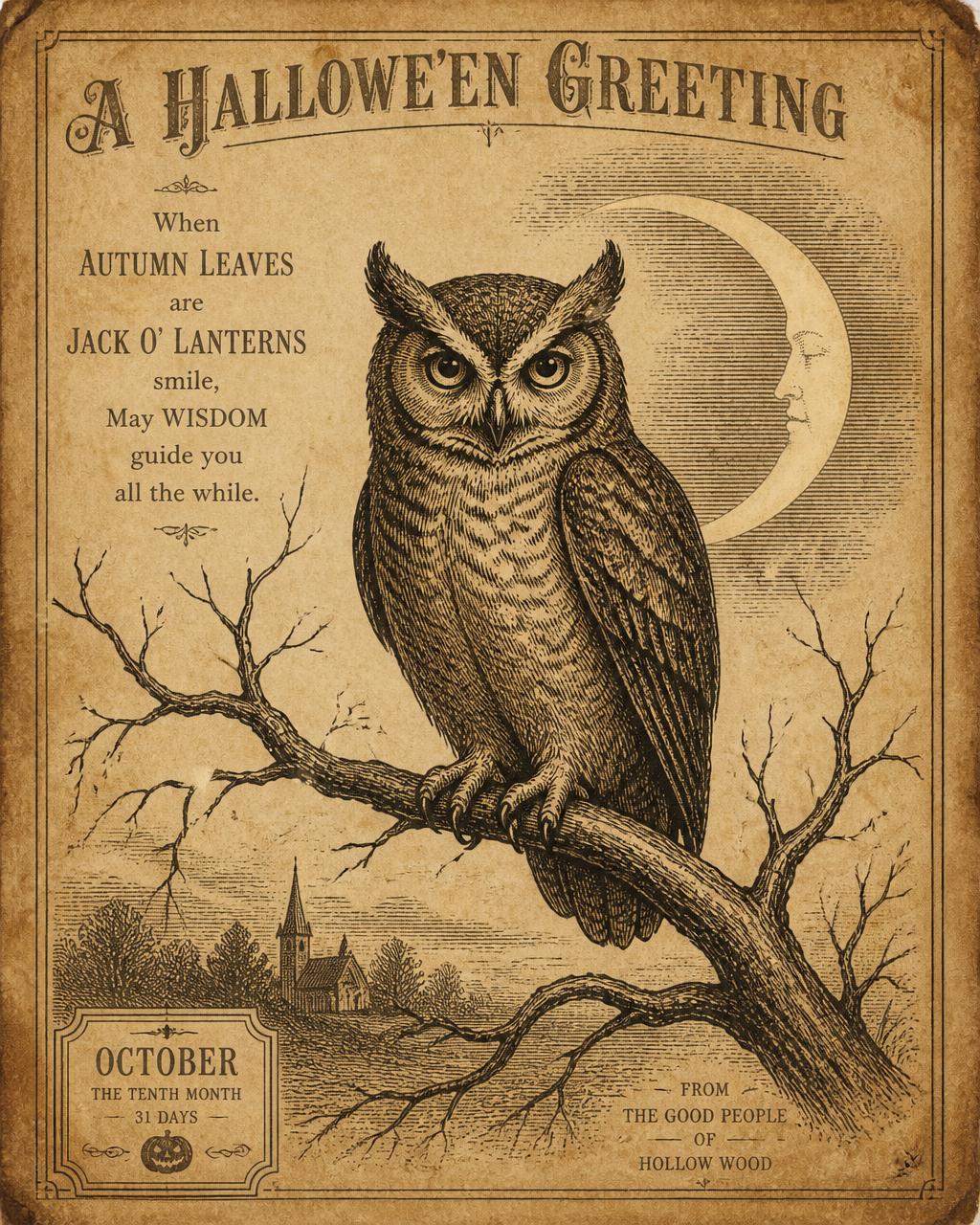 A Hallowe'en Greeting — vintage Halloween illustration of owls