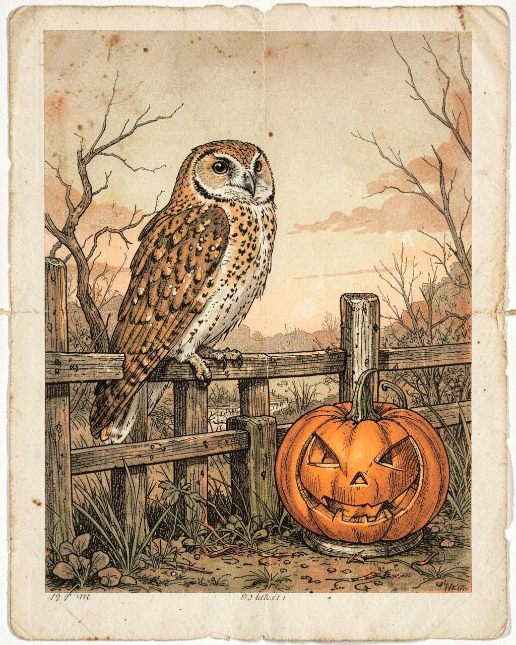 The Rail-Fence Sentry — vintage Halloween illustration of owls