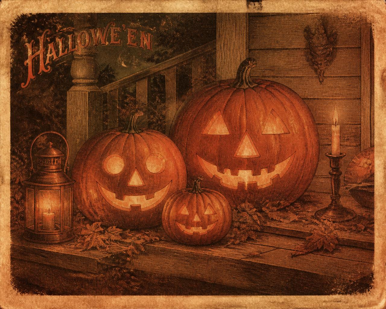 Lanterns on the Porch Steps — vintage Halloween illustration