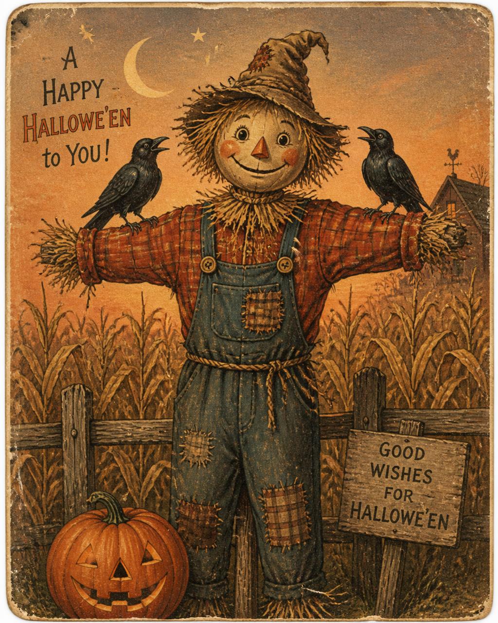 A Happy Hallowe'en to You! — vintage Halloween illustration of scarecrows