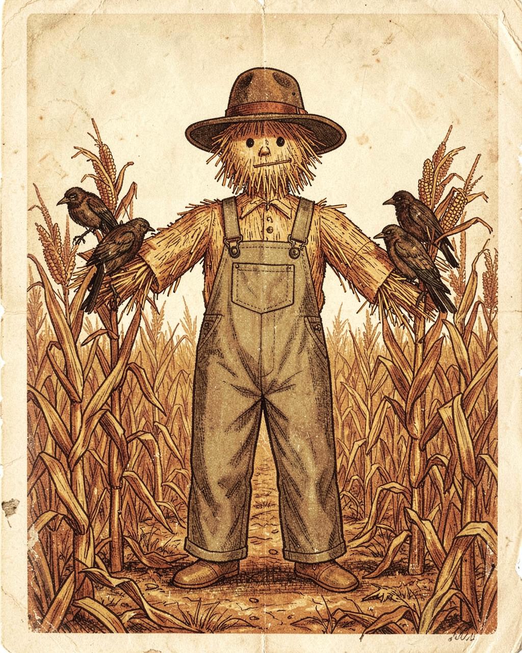 Among the Corn Shocks — vintage Halloween illustration of scarecrows