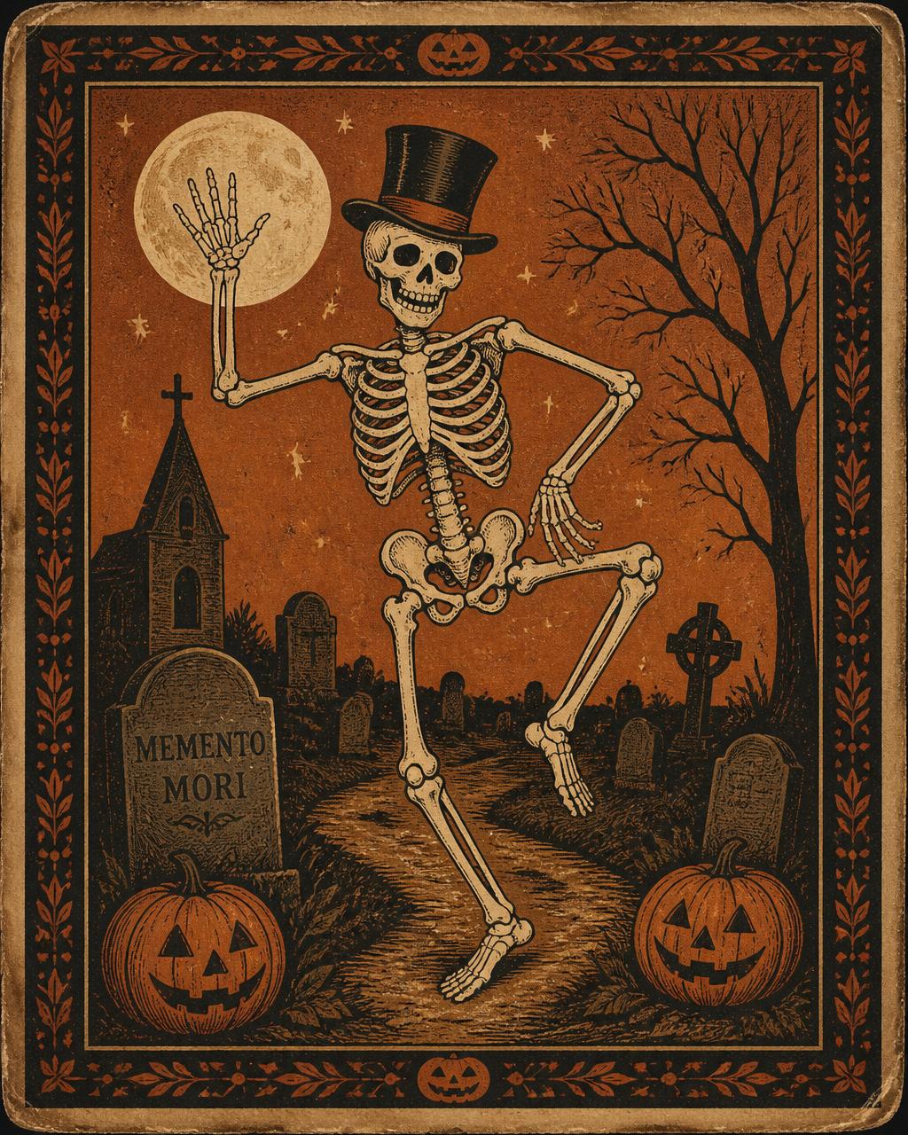 Memento Mori — vintage Halloween illustration of skeletons