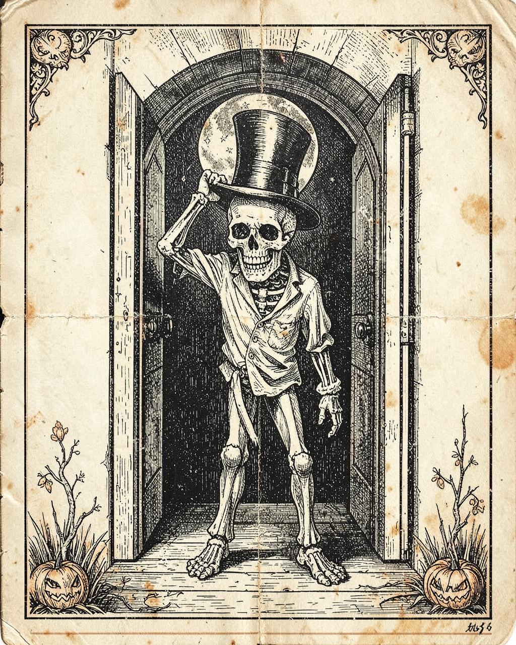 Good Evening — vintage Halloween illustration of skeletons