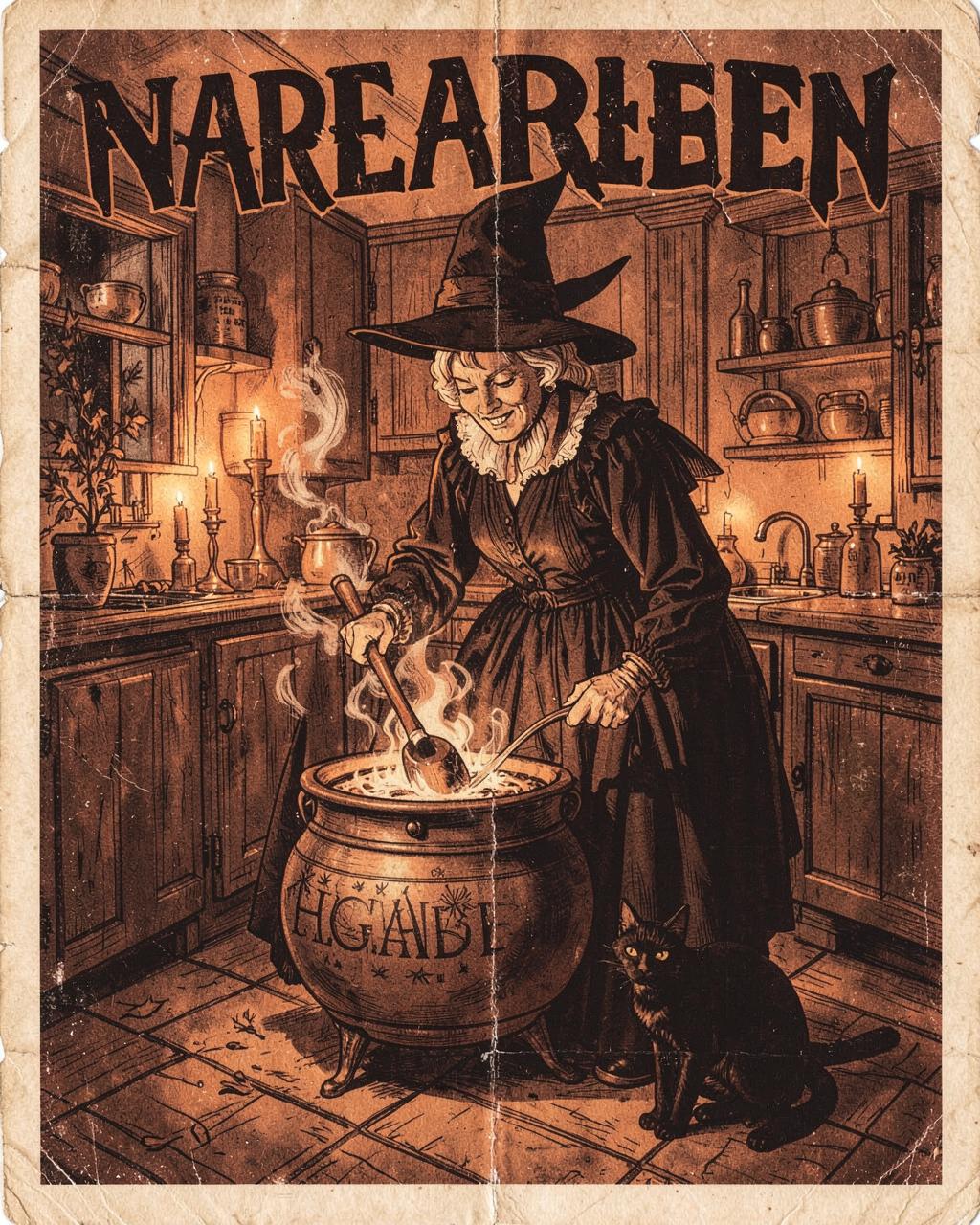 Supper for Two — vintage Halloween illustration of witches