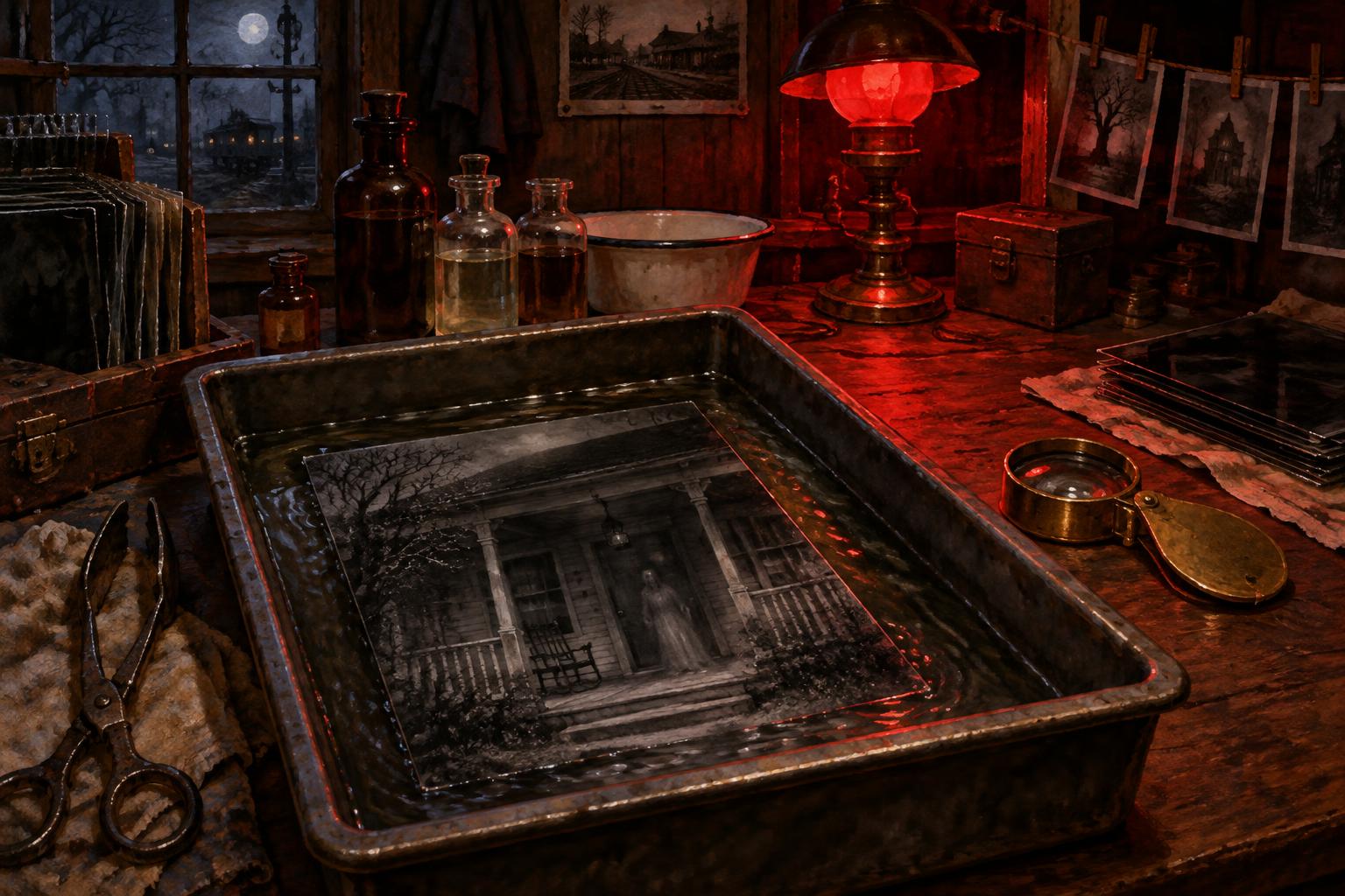 A glass photograph emerging in a developing tray