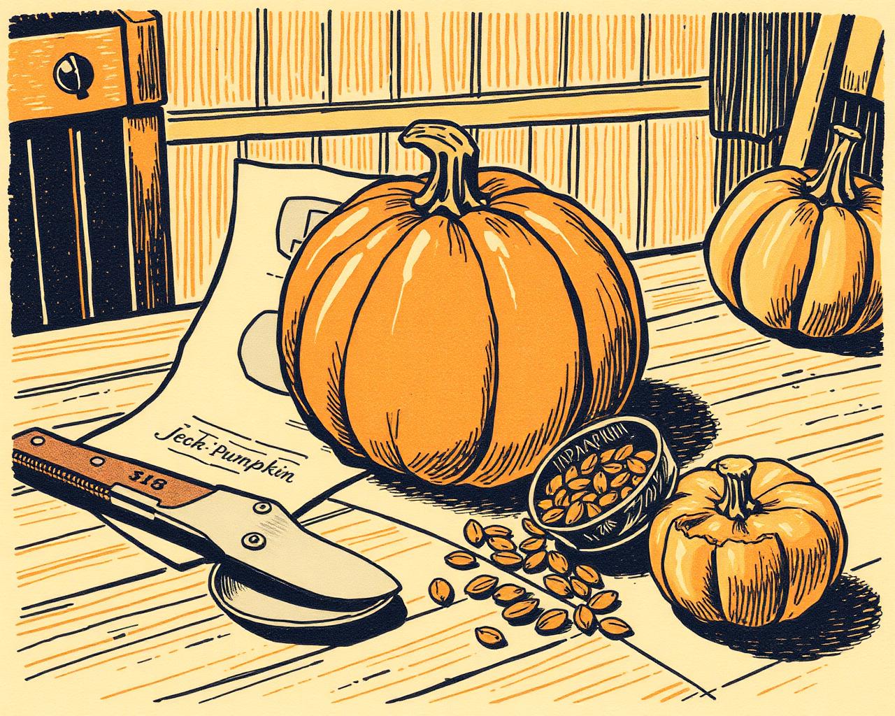 Vintage letterpress illustration of pumpkin carving tools, a stencil and a half-carved jack-o'-lantern on a kitchen table
