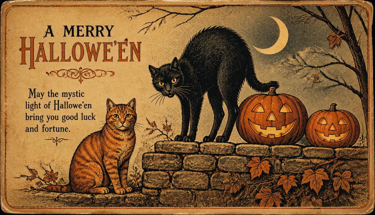 Vintage Halloween postcard illustration of an arched black cat and an orange tabby beside glowing jack-o'-lanterns under a crescent moon