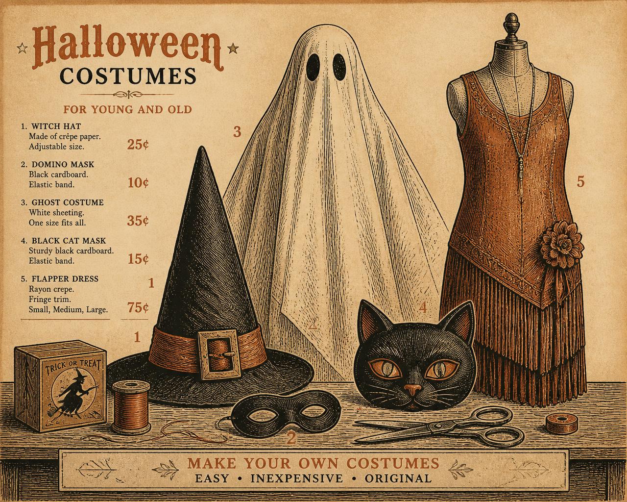 Vintage letterpress catalog illustration of Halloween costumes: crepe-paper witch hat, bedsheet ghost, domino mask, black cat mask and a flapper dress on a dress form