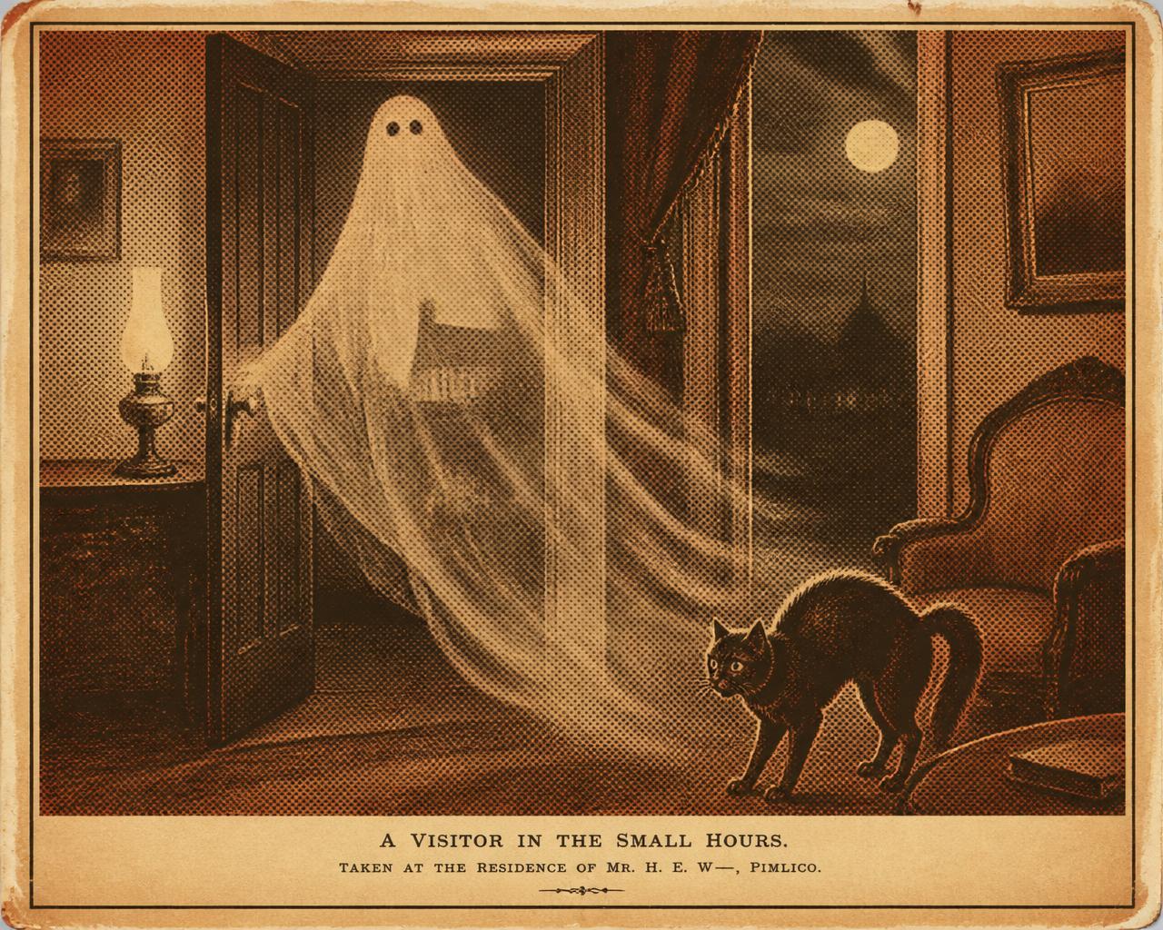 Vintage letterpress illustration of a sheeted ghost drifting through a moonlit Victorian parlour doorway while a black cat arches its back