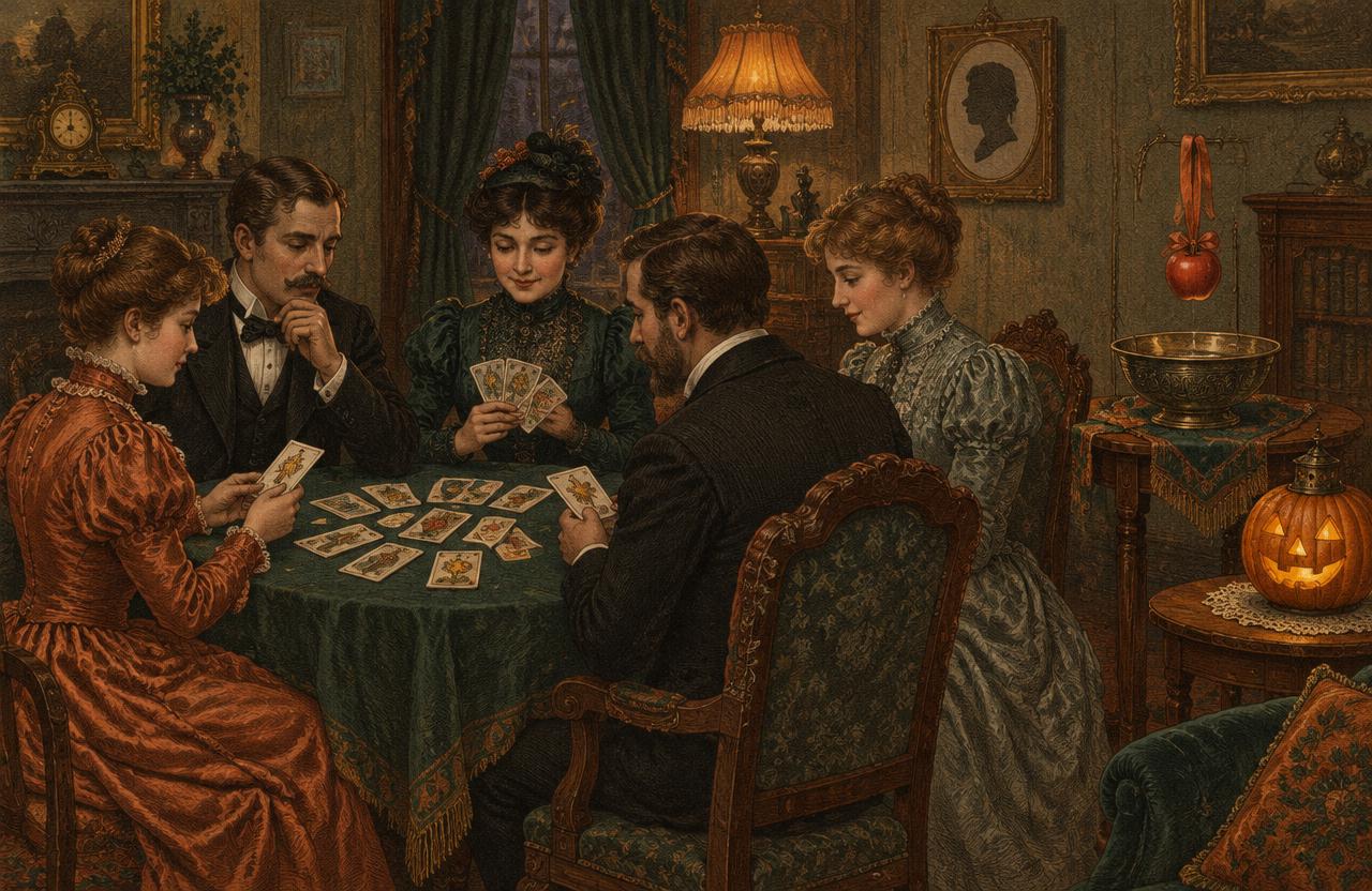 Original Victorian-style illustration of friends playing paper fortune cards in a Halloween parlor