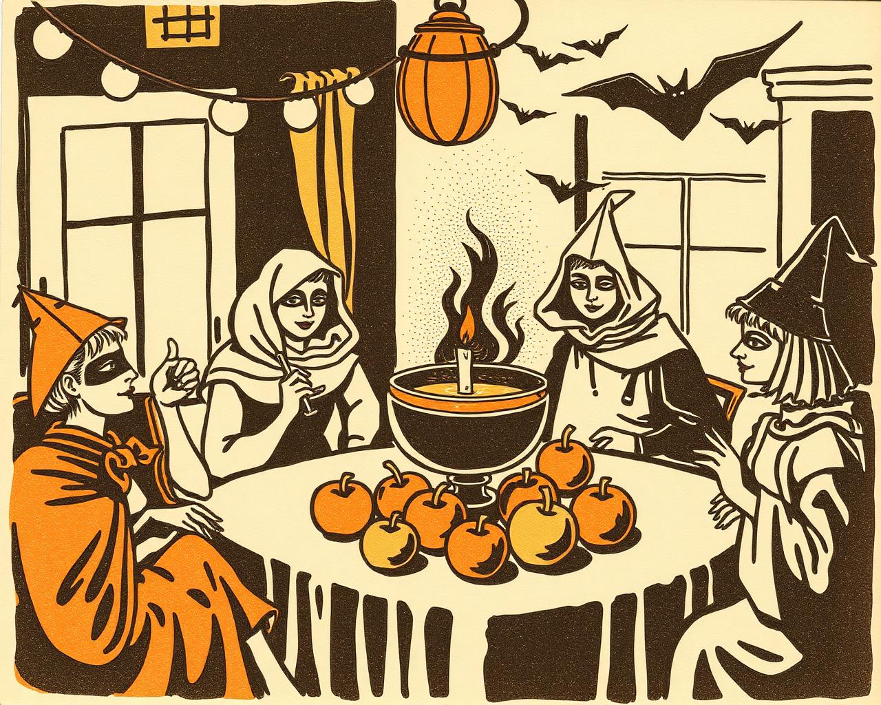 Vintage letterpress illustration of a Halloween house party with costumed guests, a candle-lit punch bowl and paper bats