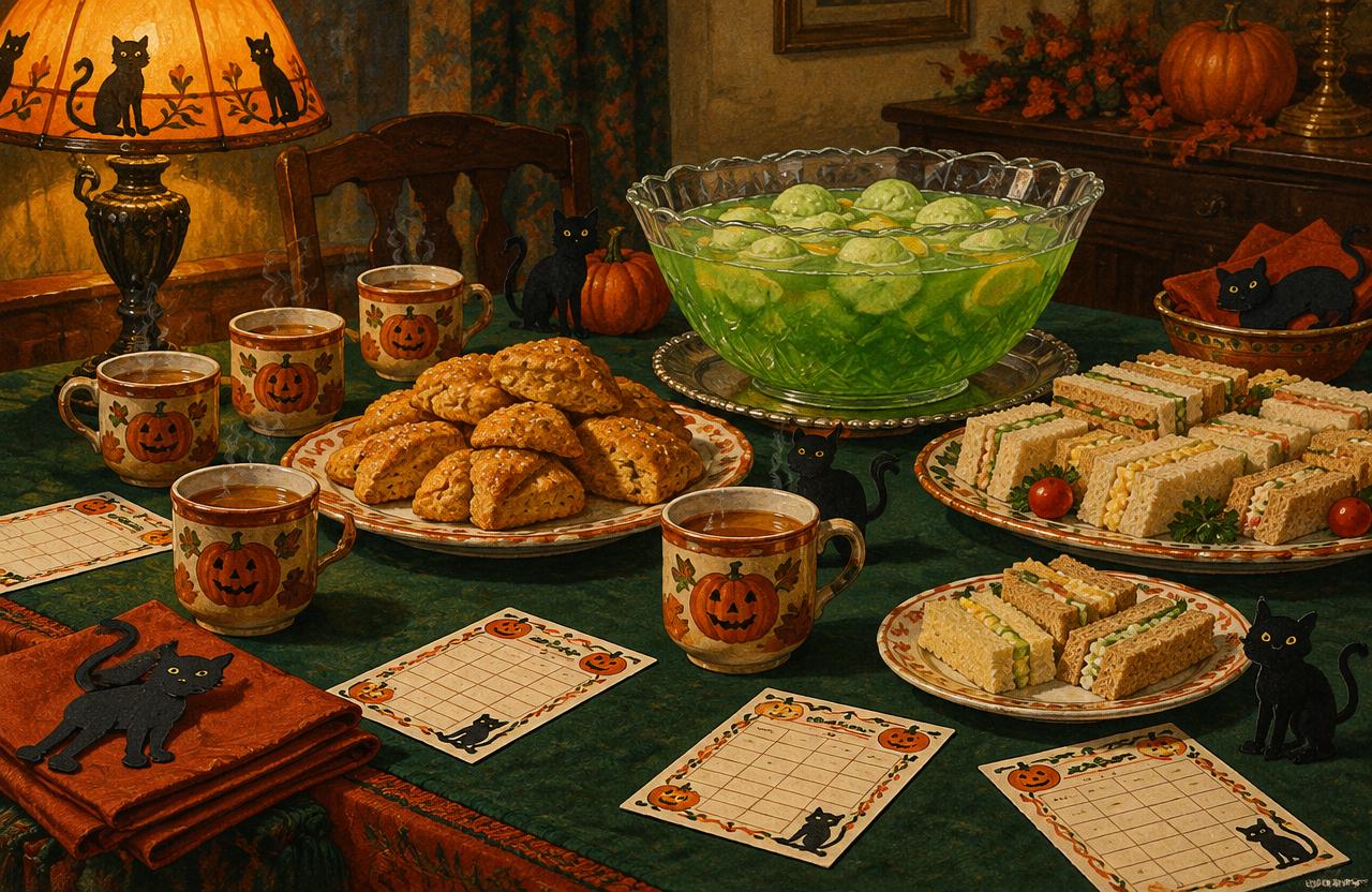 Original vintage-style illustration of cider, green sherbet punch, scones and sandwiches on a Halloween table