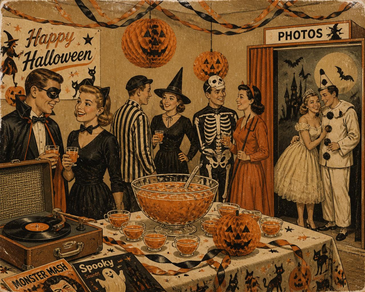 Vintage 1950s illustration of a Halloween party with costumed guests, a punch bowl, honeycomb pumpkins, a record player and a photo booth corner
