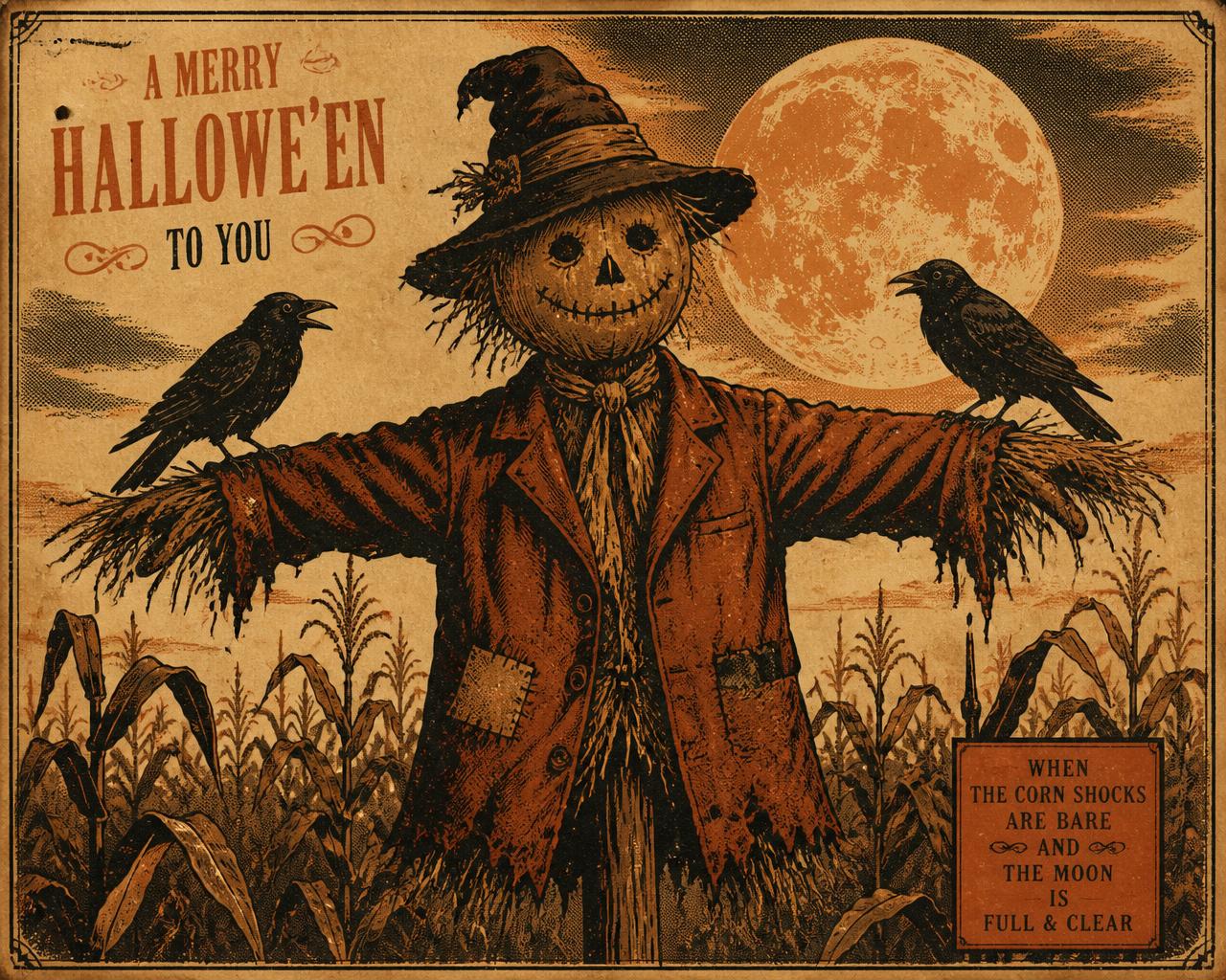 Vintage letterpress illustration of a straw scarecrow in a battered hat standing in a moonlit cornfield with crows on his arms