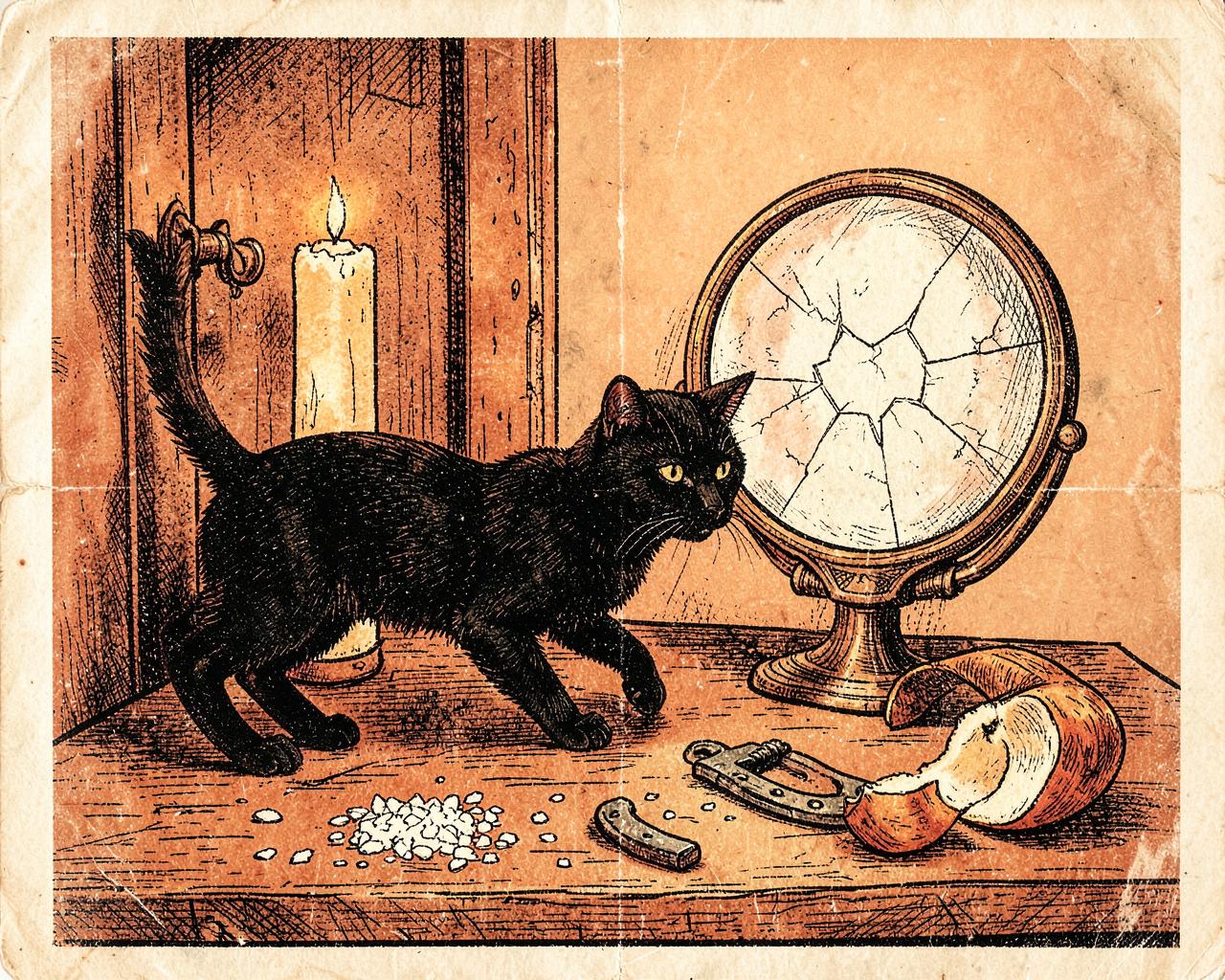 Vintage engraving of a black cat crossing a moonlit path, a cracked mirror, a lit candle and a spilled dish of salt outside an old farmhouse
