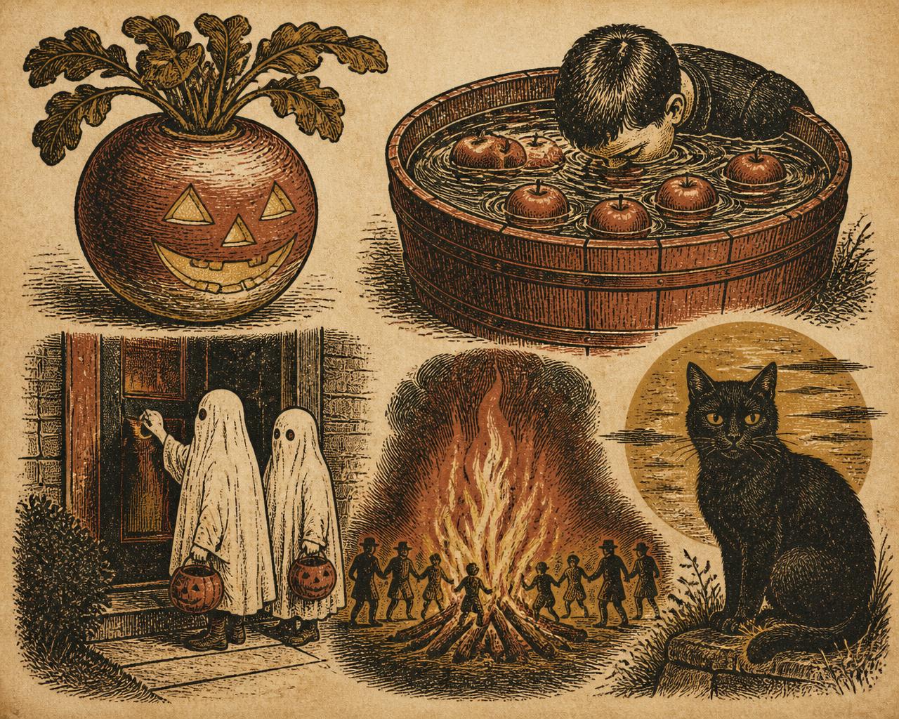 Vintage letterpress illustration of Halloween traditions: a carved turnip lantern, an apple-bobbing tub, bedsheet ghosts at a door, a bonfire and a black cat