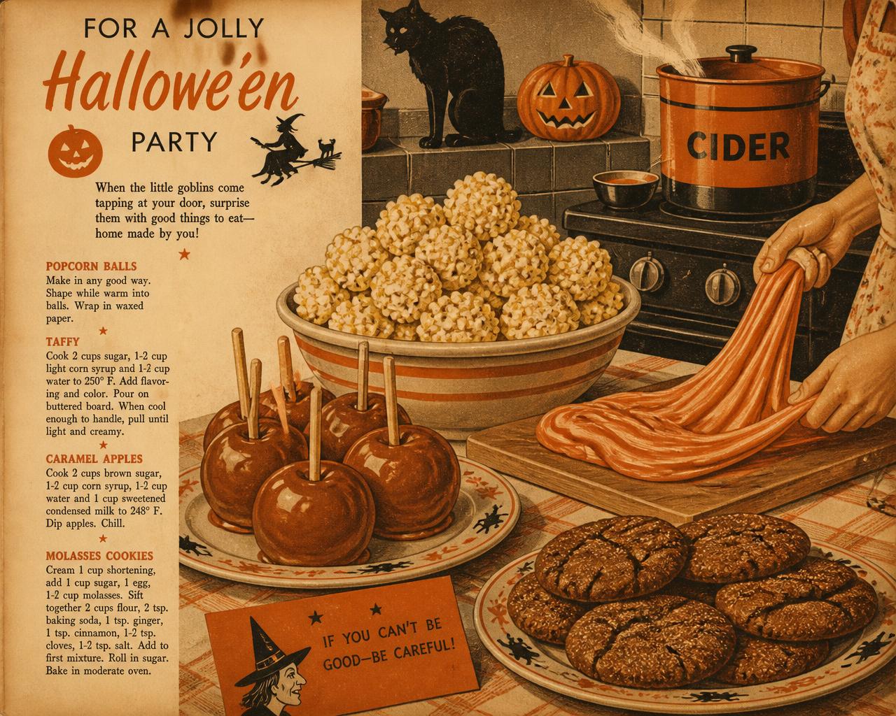 Vintage cookbook illustration of old-fashioned Halloween treats including popcorn balls, caramel apples, molasses cookies, pulled taffy and a pot of cider