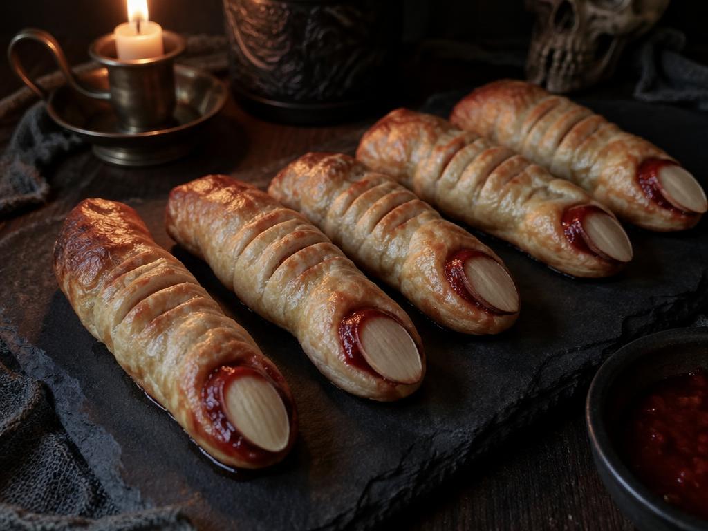 Puff pastry sausage rolls shaped like fingers with sliced almond fingernails and ketchup on a dark slate platter