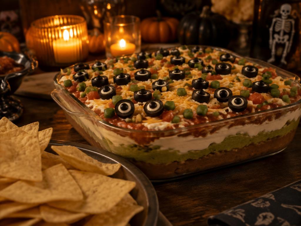 Layered Halloween taco dip in a glass dish topped with olive-slice monster eyes, tortilla chips beside it