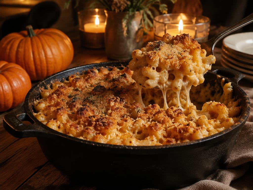 Baked pumpkin mac and cheese in a cast iron dish with golden breadcrumb crust and a spoon lifting a cheesy portion