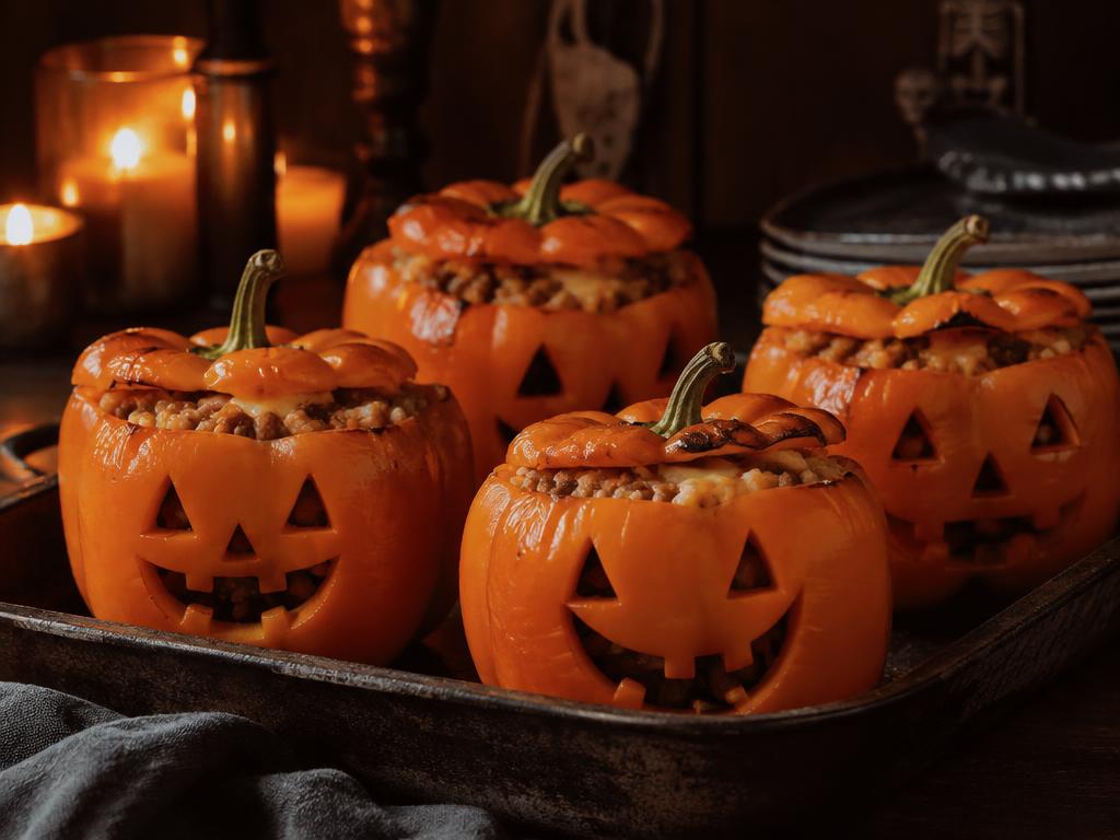 Four orange bell peppers carved with jack-o'-lantern faces and stuffed with beef and rice on a dark baking tray by candlelight
