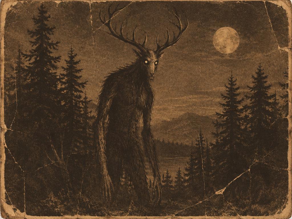 Vintage illustration of a dense black pine forest at dusk with a shape moving between the trunks