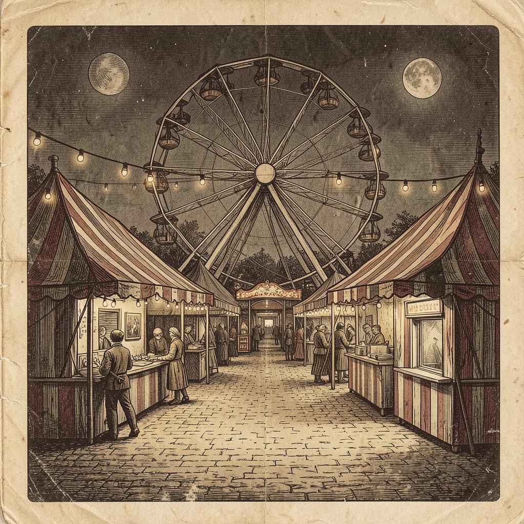Vintage illustration of a travelling carnival midway lined with striped tents after dark