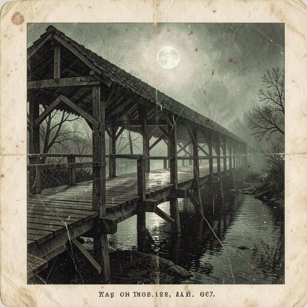 Vintage illustration of a wooden covered bridge crossing a dark river among autumn trees