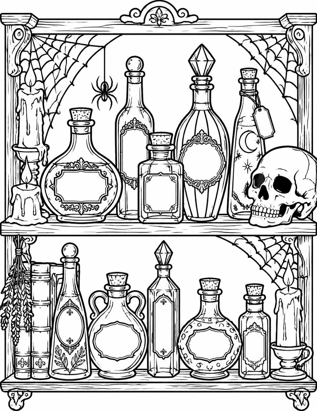 Coloring page of a shelf of vintage potion bottles with blank labels, candles, cobwebs, a spider and a skull