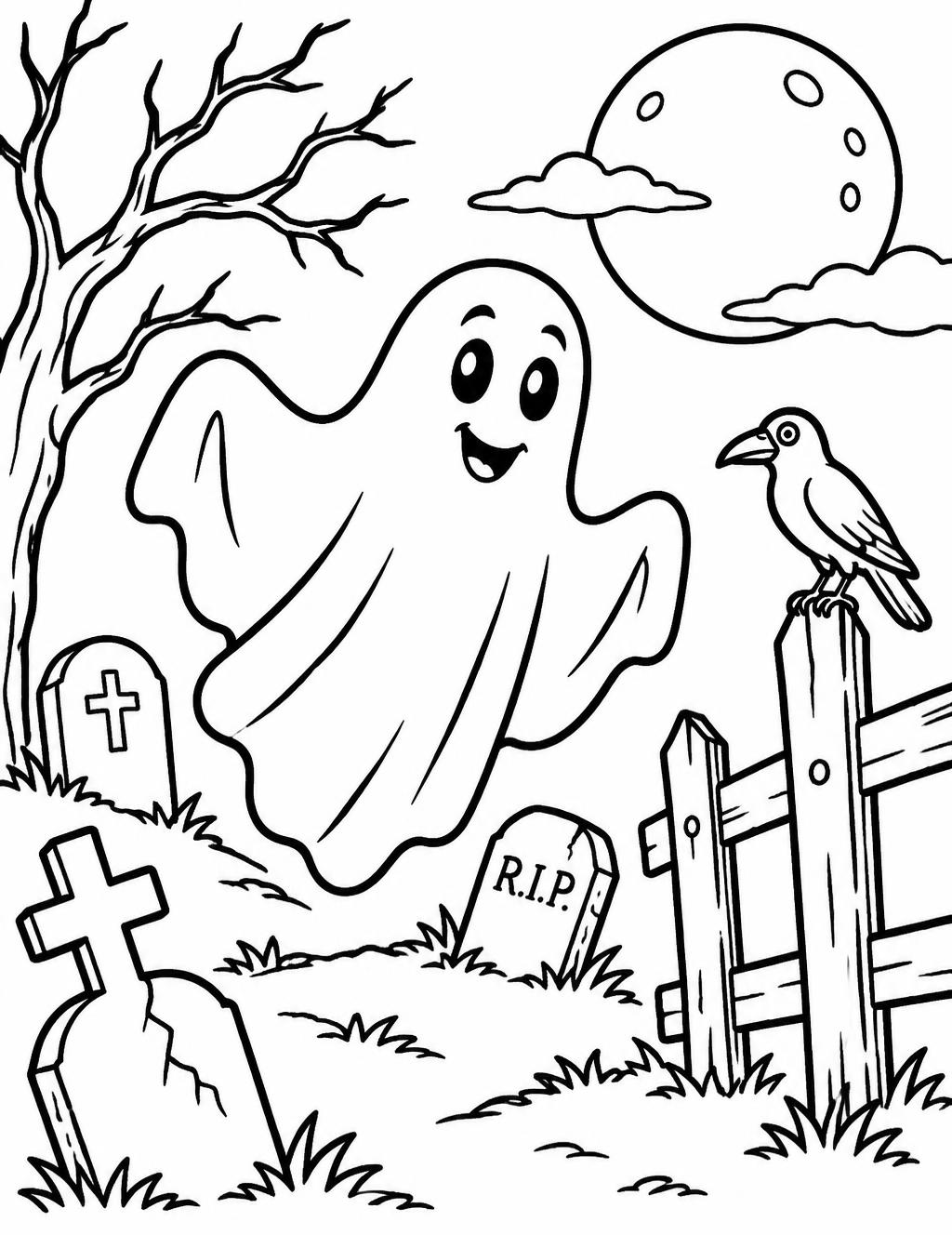 Coloring page of a smiling sheet ghost floating over a moonlit graveyard with tombstones and a crow on a fence