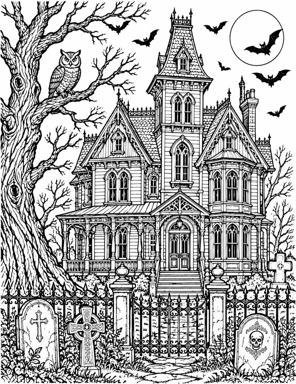 Detailed coloring page of a haunted Victorian mansion with bats, an owl in a gnarled oak, an iron gate and tombstones
