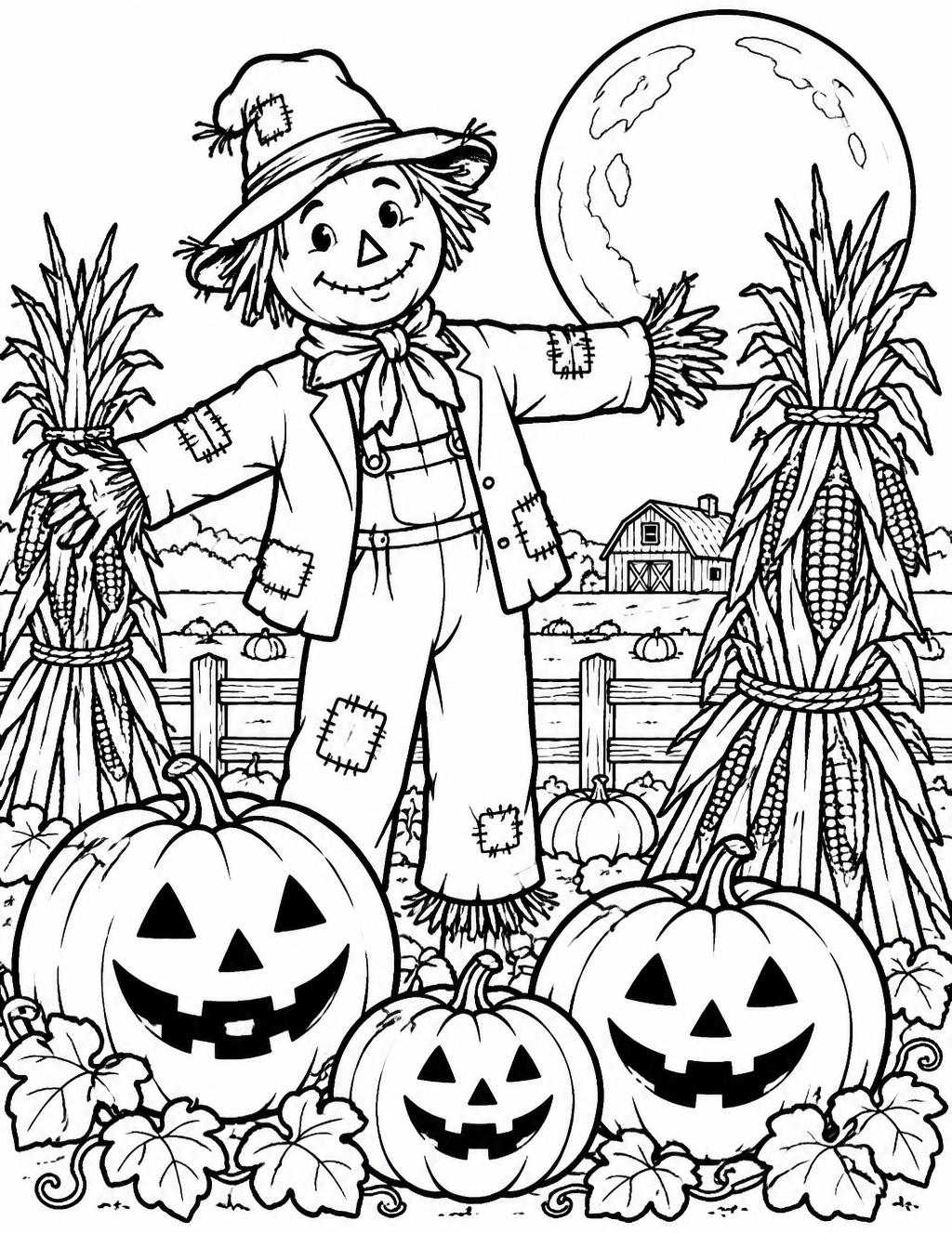 Coloring page of a patched scarecrow standing between corn shocks with grinning jack-o-lanterns under a harvest moon
