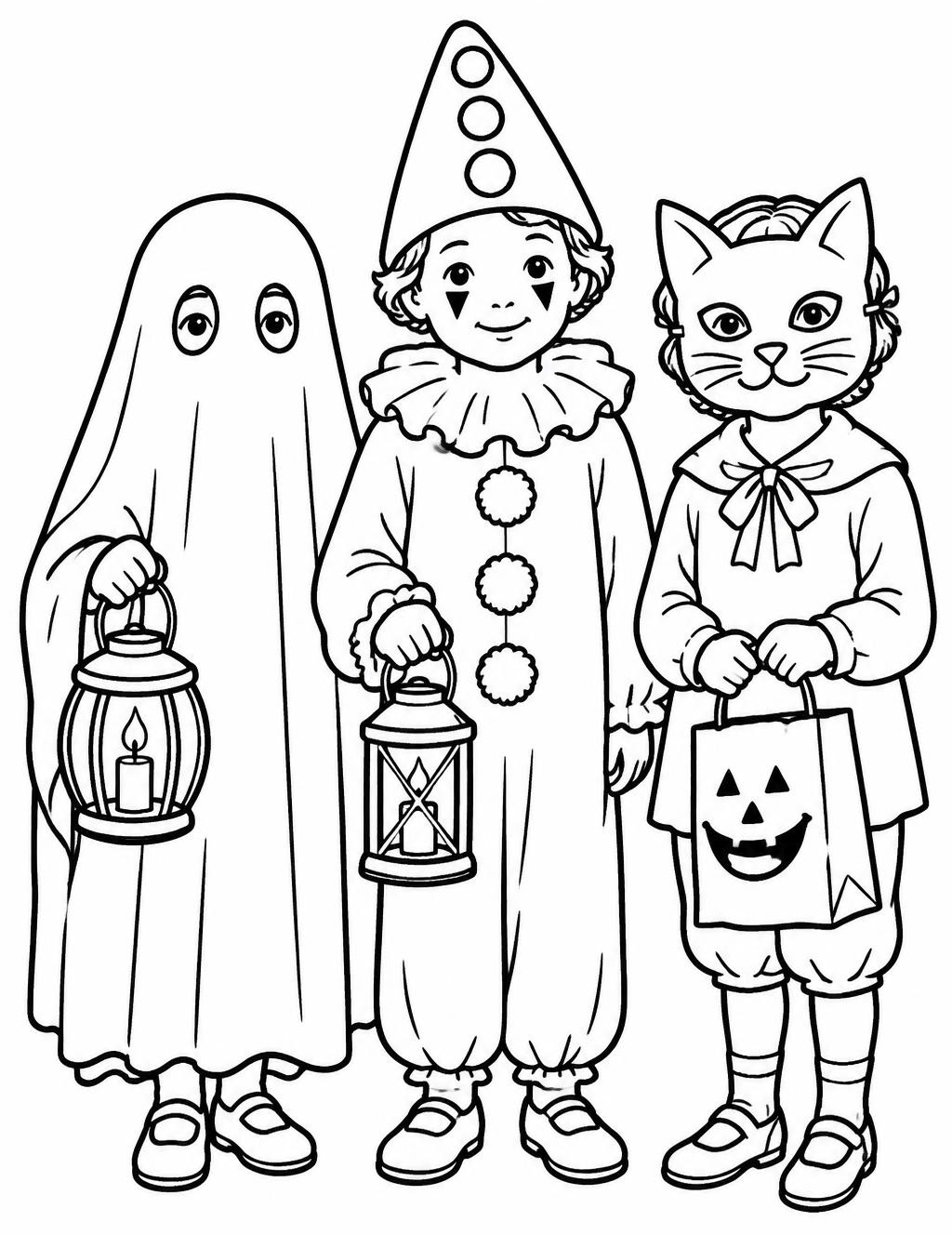 Coloring page of three old-fashioned trick-or-treaters dressed as a sheet ghost, a pierrot clown and a cat, holding lanterns and a candy bag
