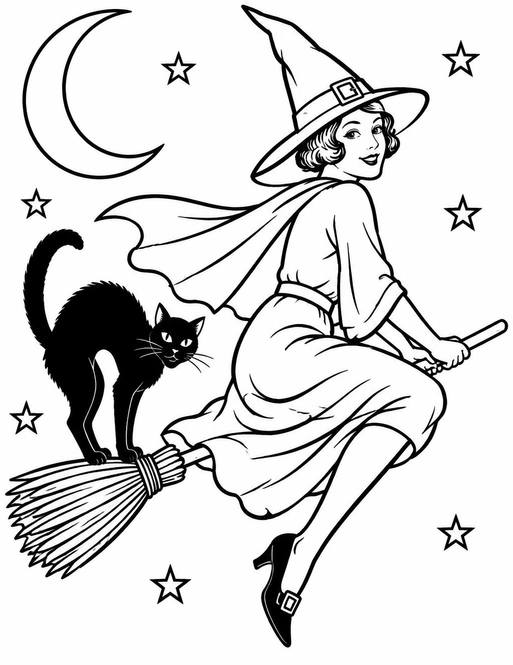 Coloring page of a vintage witch riding a broomstick with an arching black cat behind her, a crescent moon and stars